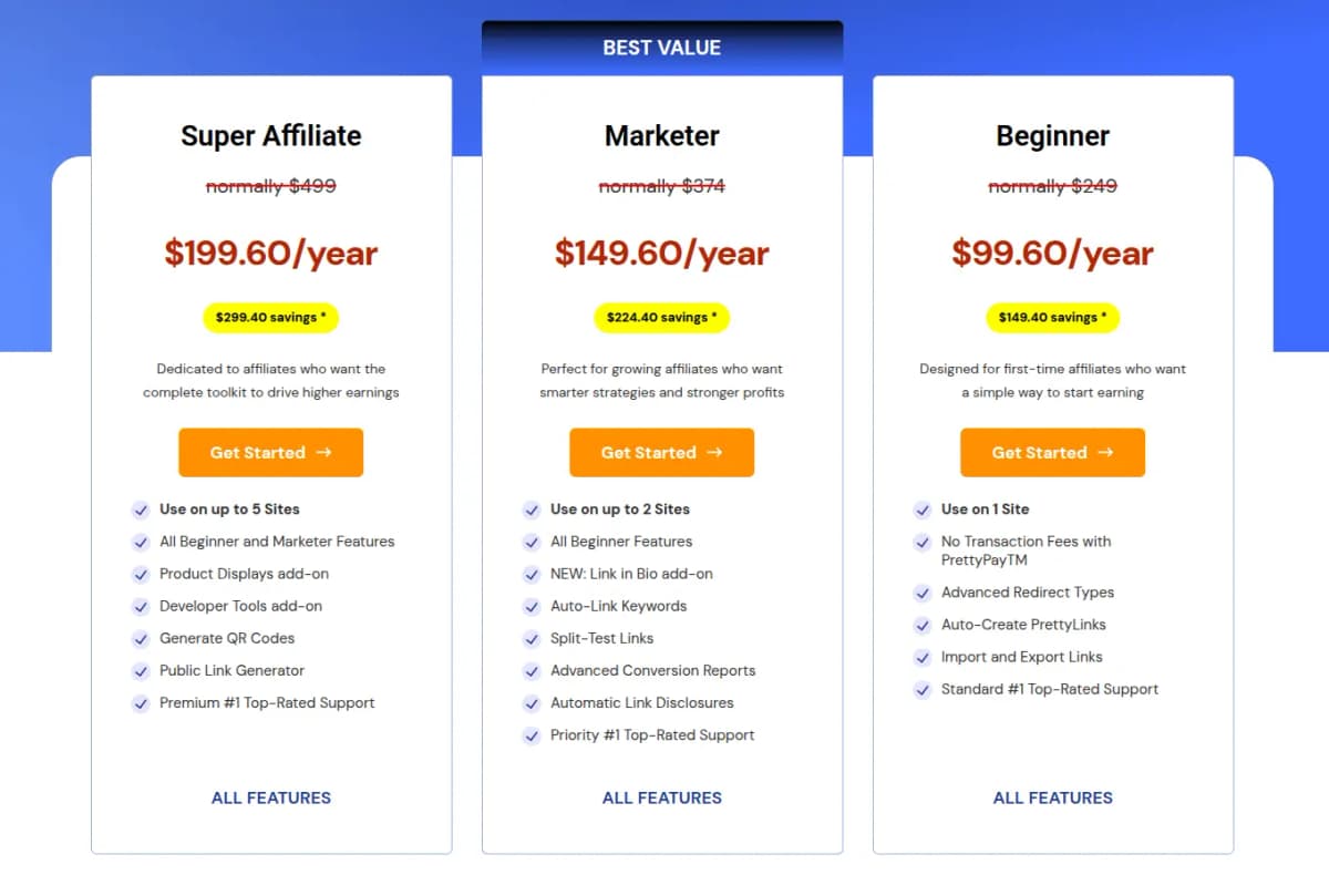 prettylinks review pricing plans