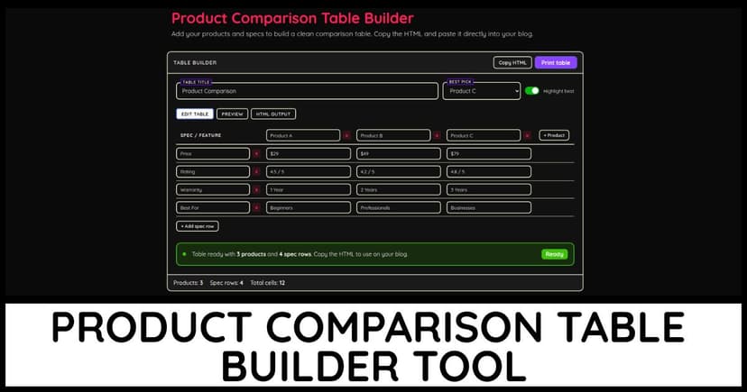 Product Comparison Table Builder