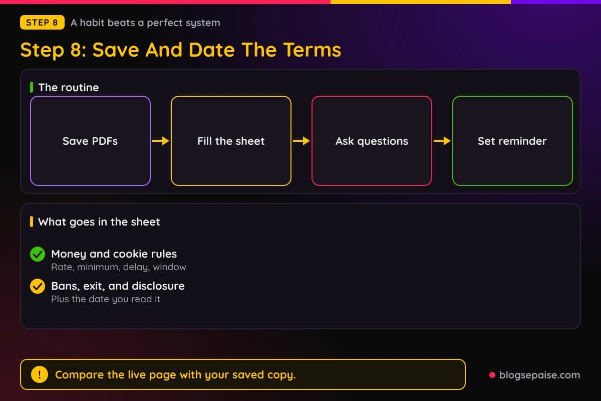 Flow diagram of a routine for saving, dating, and rechecking affiliate program terms, with the items to log in a sheet