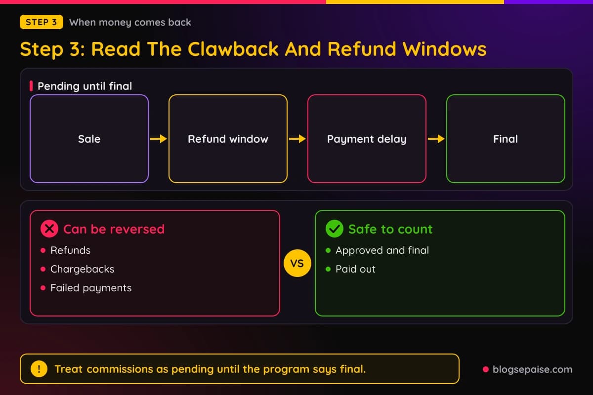 Timeline showing a sale, a refund window, a payment delay, and the point where a commission becomes final