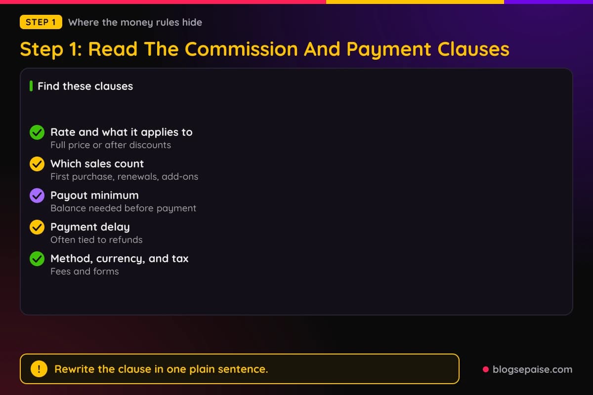 Checklist of commission and payment clauses to find in an affiliate agreement, including rate base, which sales count, payout minimum, and payment delay