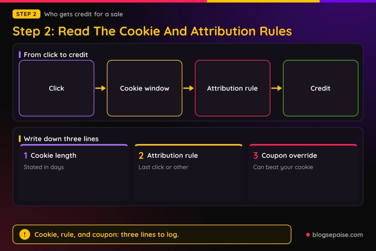 Diagram of how a click, a cookie window, and an attribution rule decide which affiliate gets credit for a sale