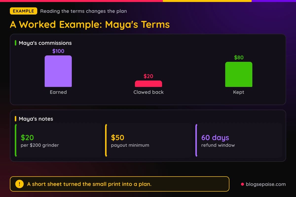 Bar chart of Maya's commission month showing $100 earned, $20 clawed back for one refund, and $80 kept