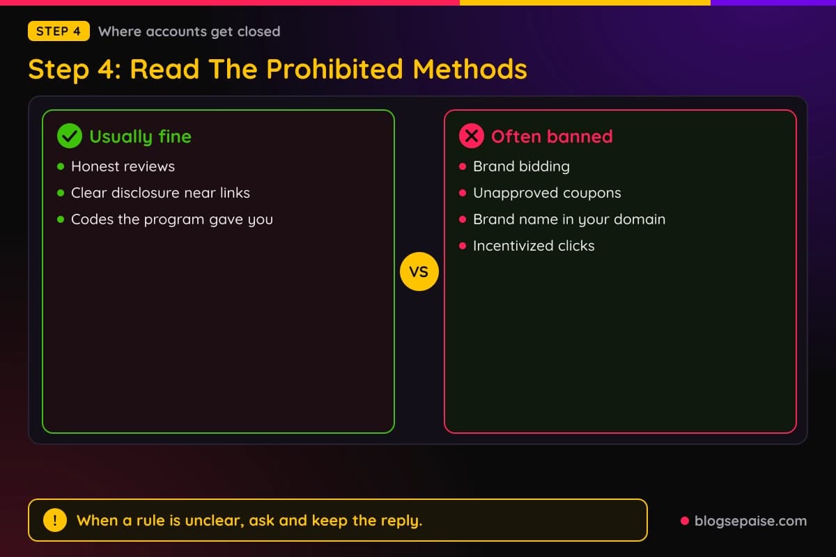 Chart comparing methods affiliate agreements often allow, such as honest reviews, with methods they often ban, such as brand bidding and unapproved coupons