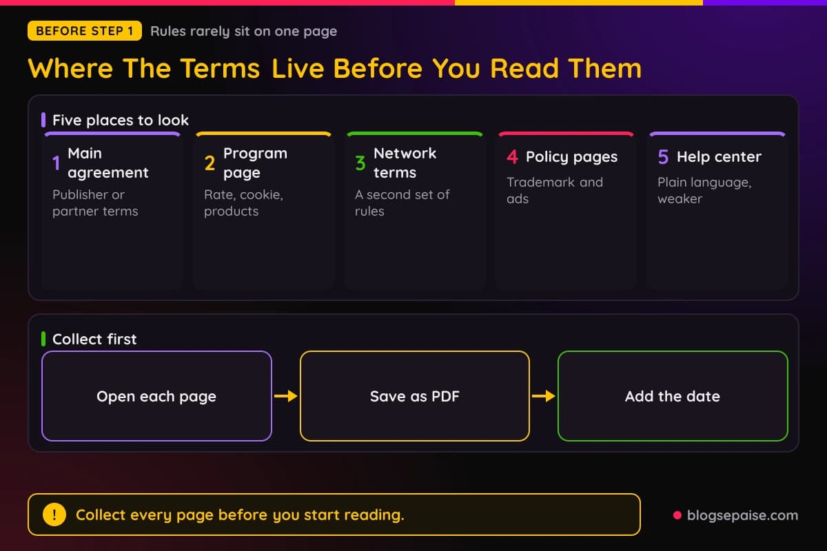 Diagram showing the five places affiliate program terms usually live, from the main agreement to the help center, and how they stack