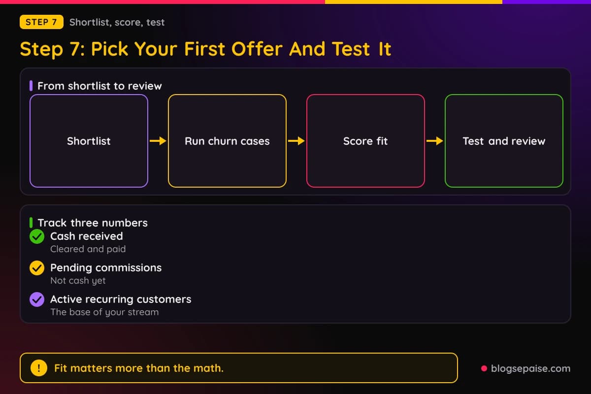 Flow diagram from shortlisting programs to running churn cases, scoring fit, testing, and reviewing every quarter