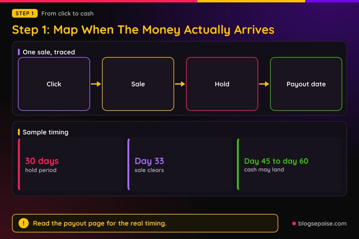 Flow diagram tracing a sale from click to sale, hold period, payout cycle, and cash in your balance