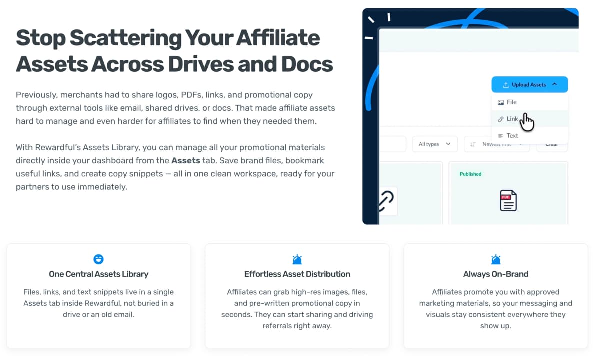 Rewardful Assets Library showing affiliate logos, resource links, and ready made promotional copy