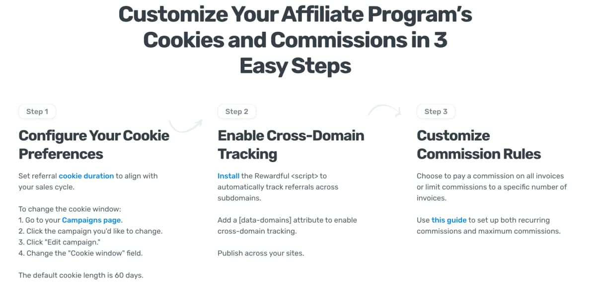 Rewardful campaign settings for cookie duration and commission structure