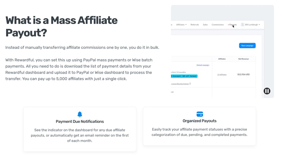 Rewardful mass payouts sending affiliate commissions in bulk through PayPal or Wise