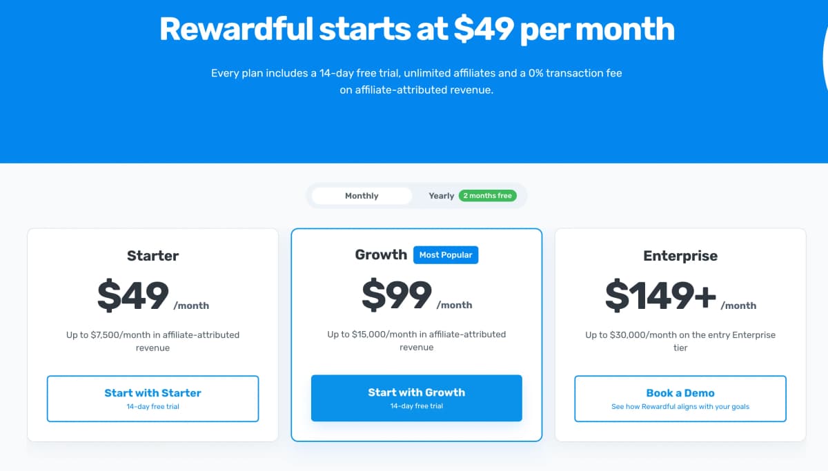 Rewardful pricing plans showing Starter, Growth, and Enterprise tiers