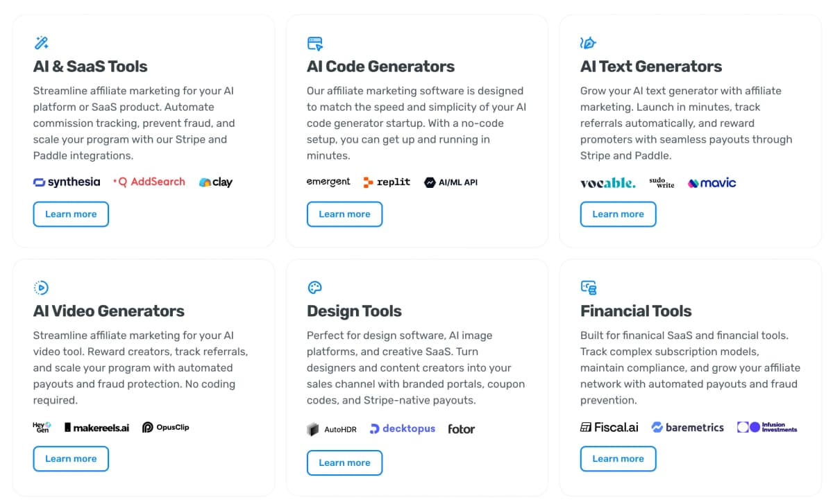 Rewardful use cases across AI tools, design platforms, finance apps, and communities