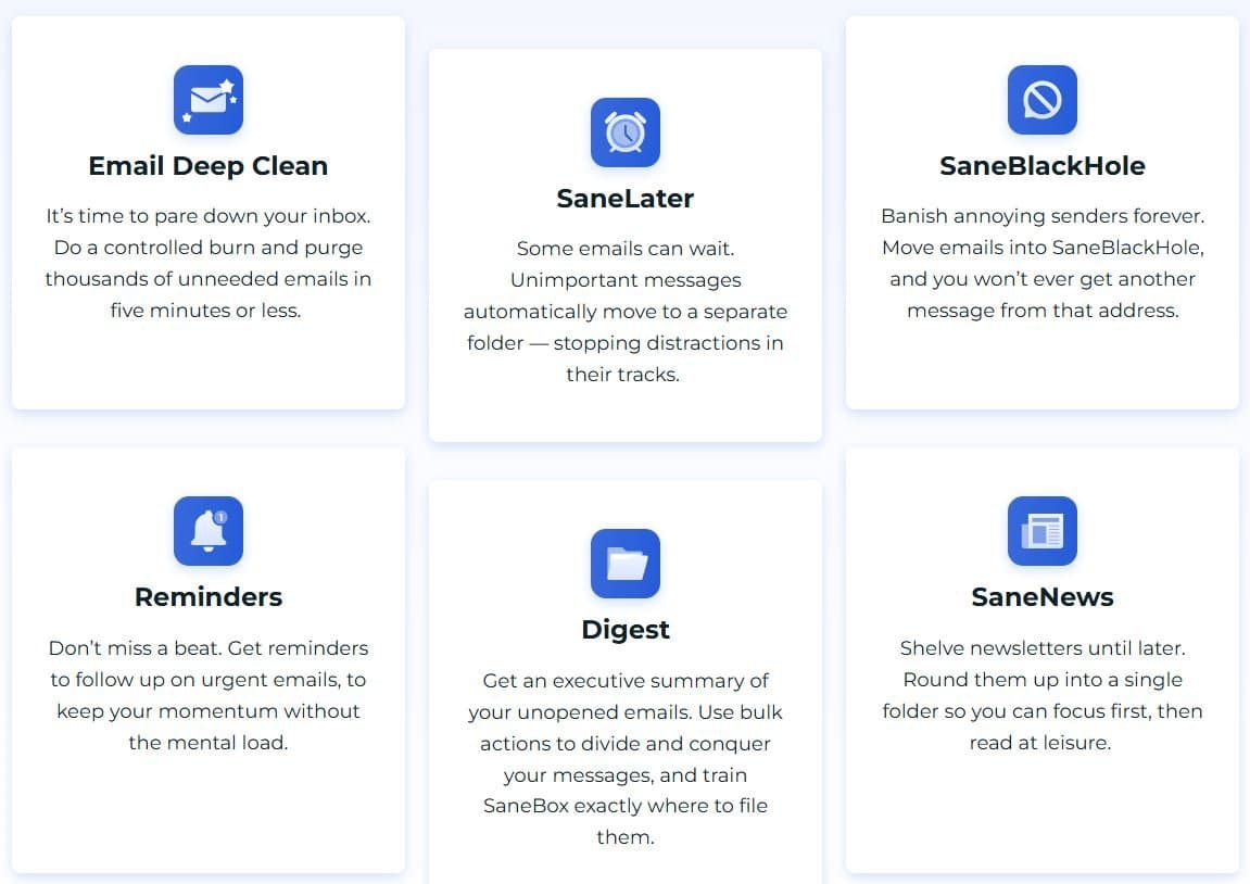 SaneBox Daily Digest feature showing email summaries and bulk actions