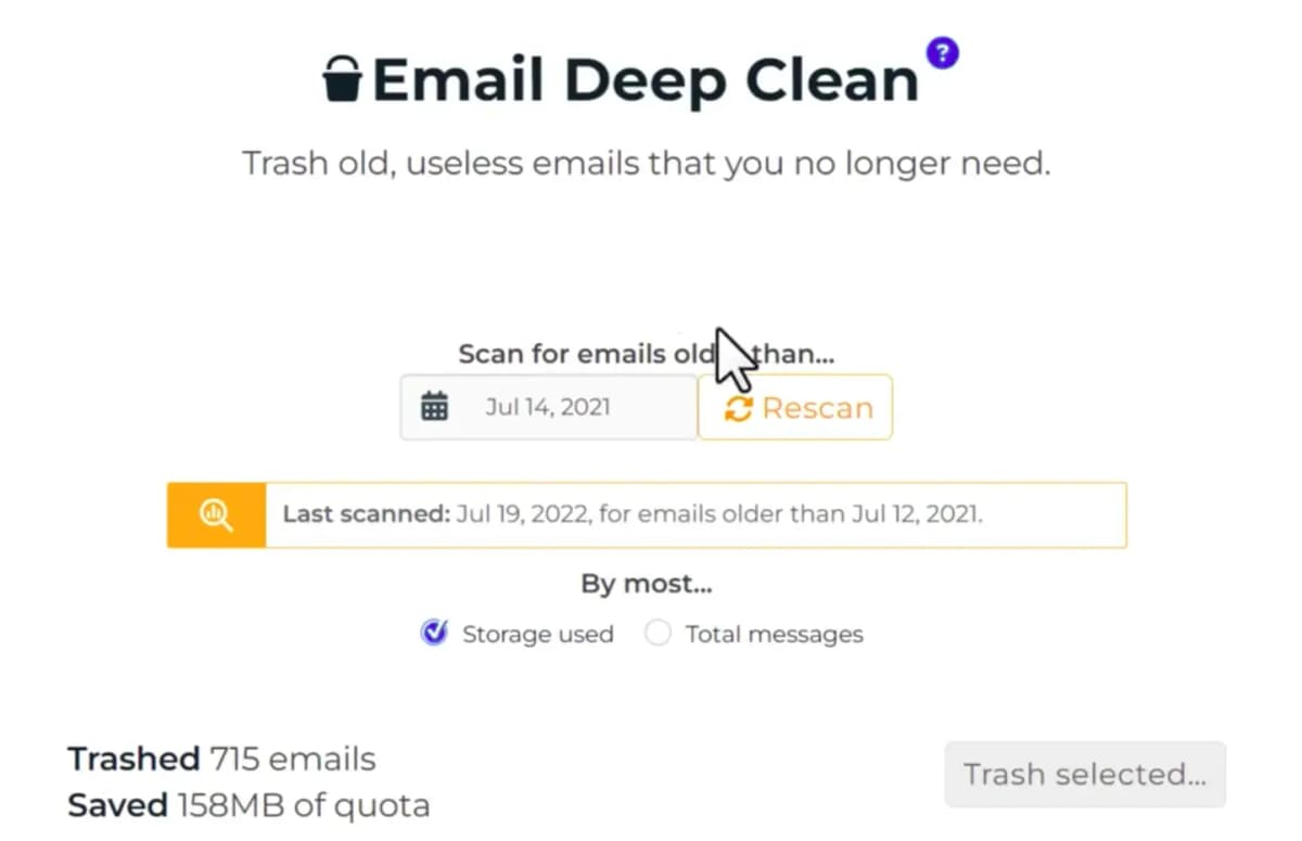SaneBox Deep Clean feature showing how old emails are automatically organized