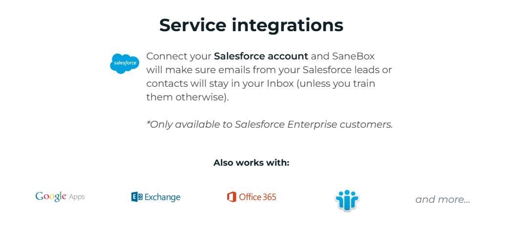 SaneBox cross-platform compatibility showing supported email services