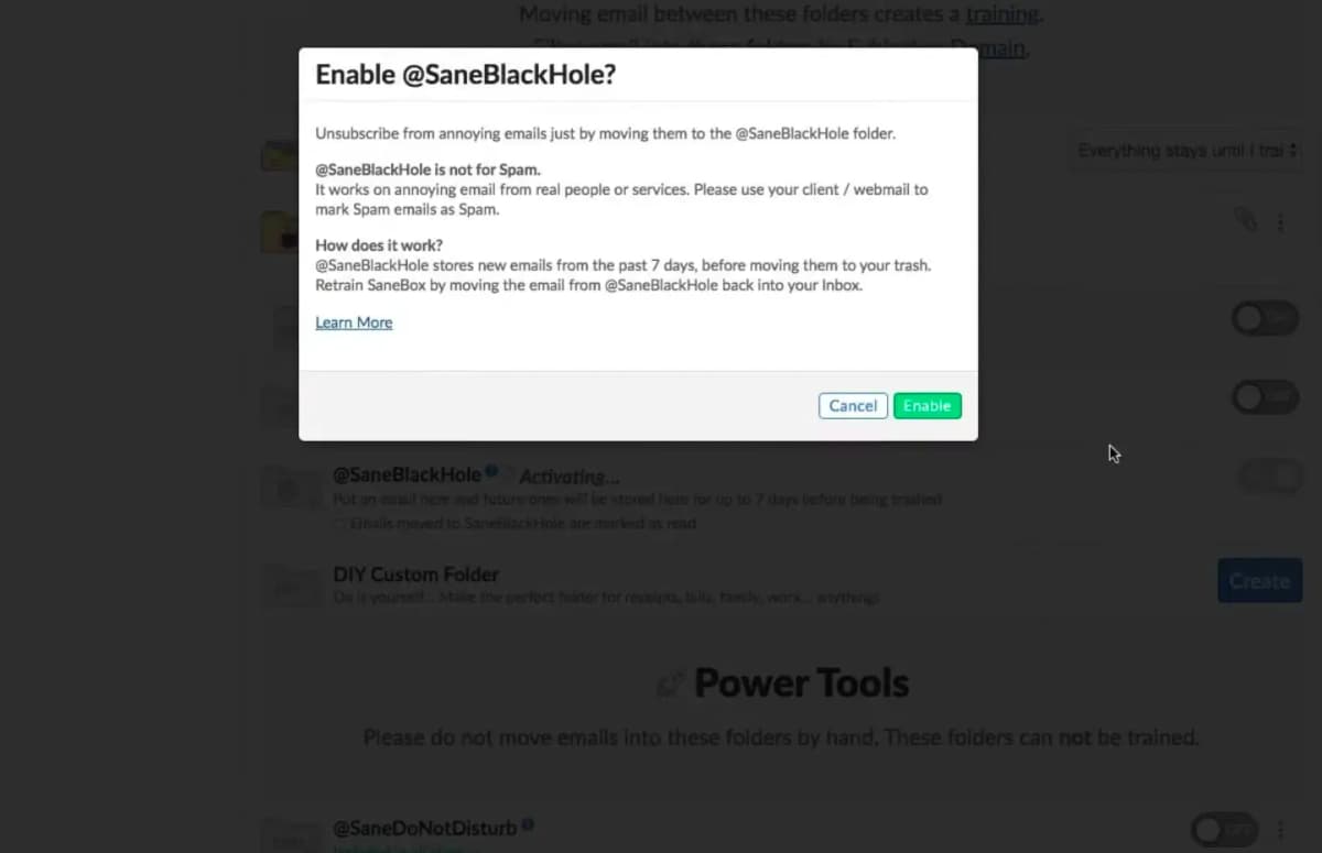 SaneBox SaneBlackHole feature showing how unwanted senders are permanently removed
