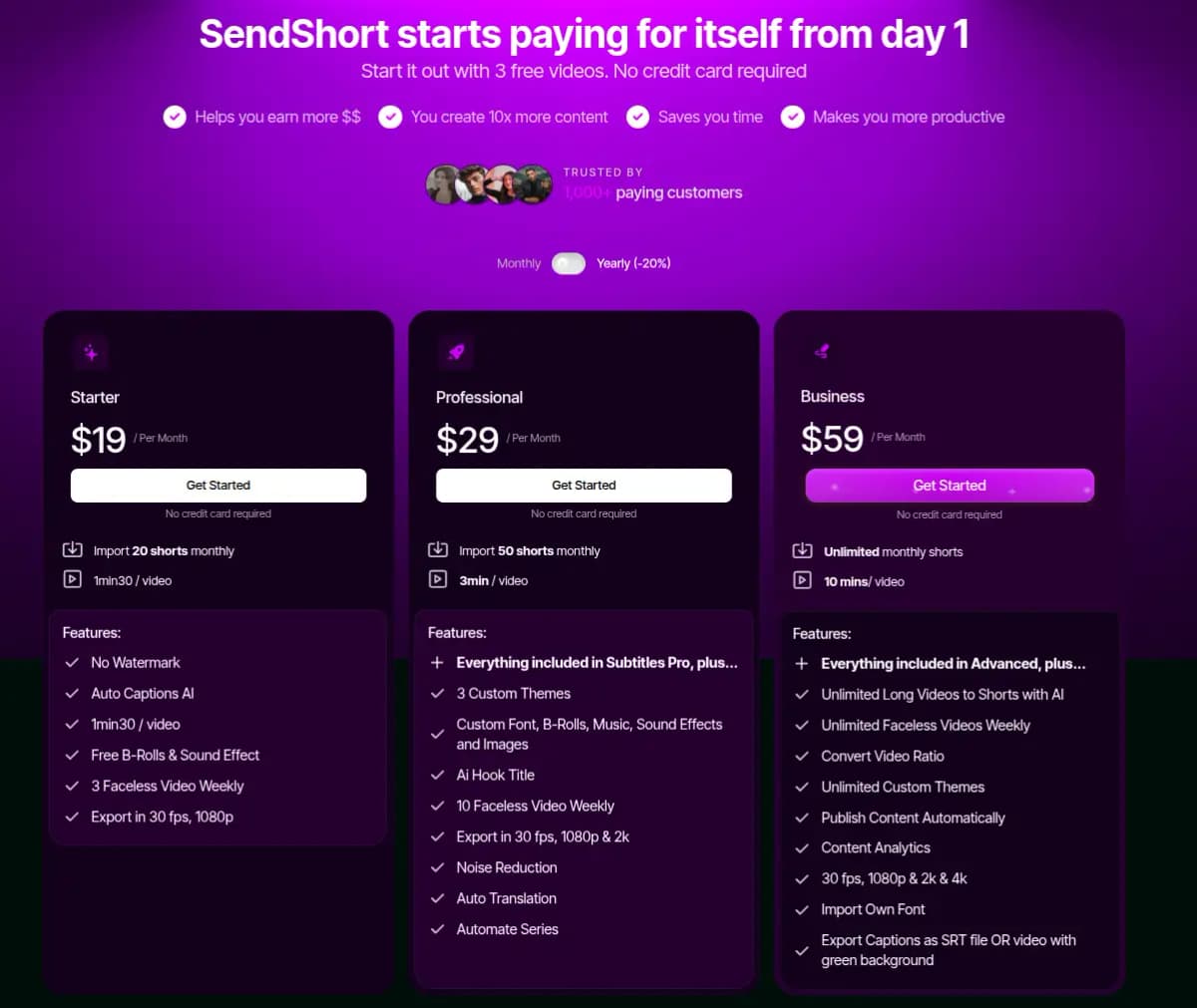 SendShort pricing plans showing Starter, Professional, and Business options