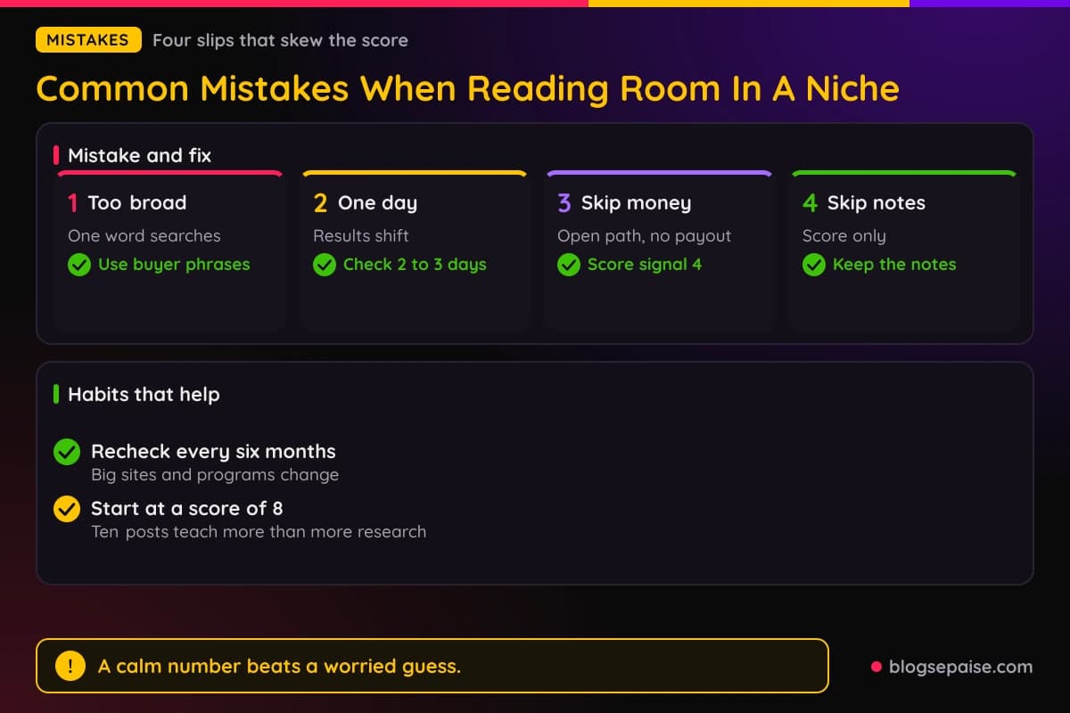 Six common mistakes when judging room in a niche, each paired with a fix
