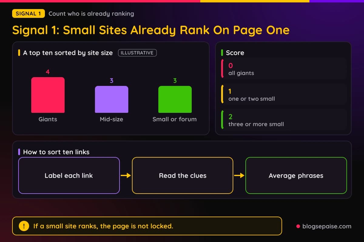 Bar chart of an illustrative top ten result list split into giants, mid-size sites, and small sites