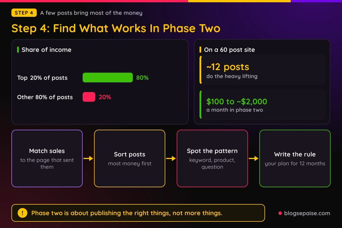 Bar chart showing 20 percent of affiliate posts bringing in 80 percent of the income