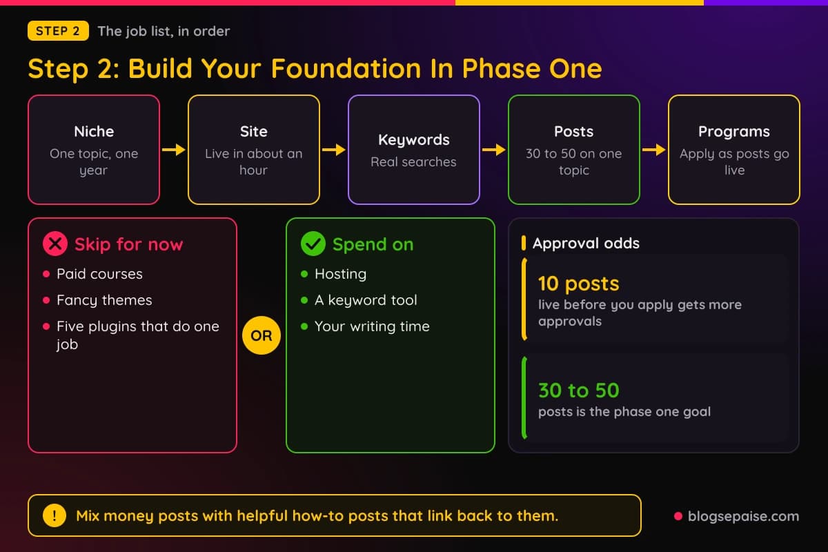 Flow diagram of the phase one foundation from niche to site to keywords to posts to programs