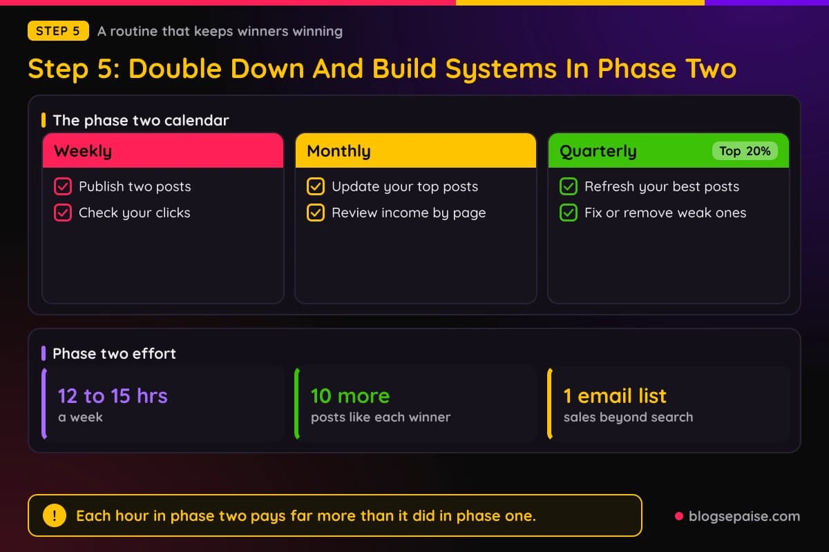 Weekly, monthly, and quarterly work calendar for the growth phase of an affiliate career