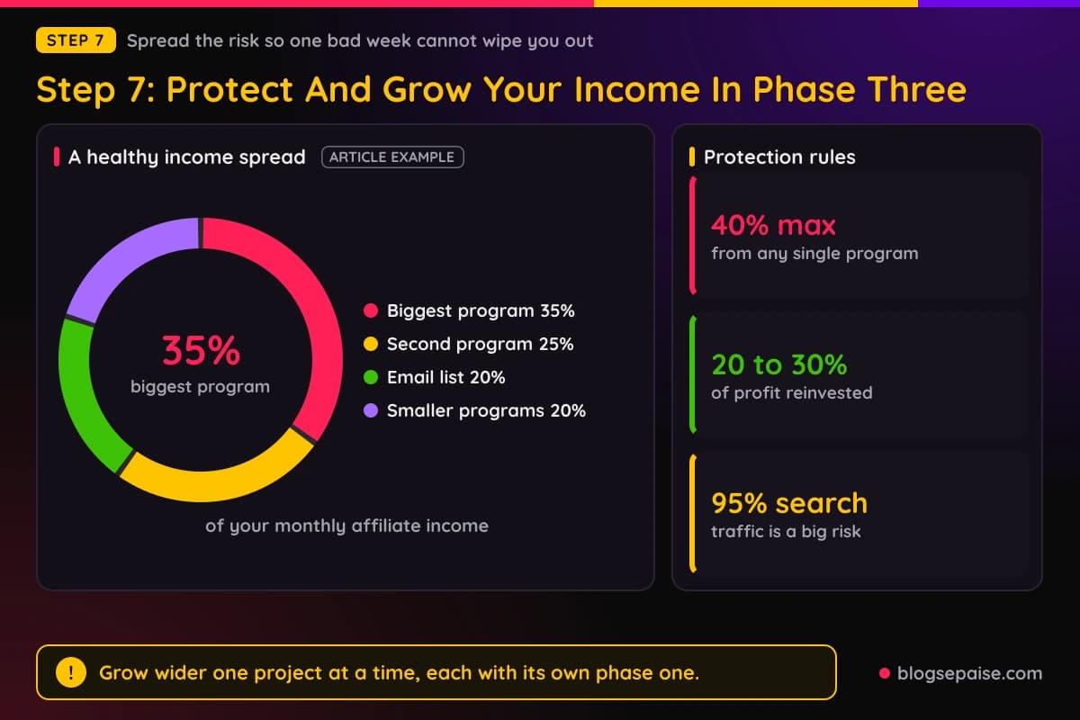 Donut chart of a healthy phase three affiliate income spread across programs and an email list
