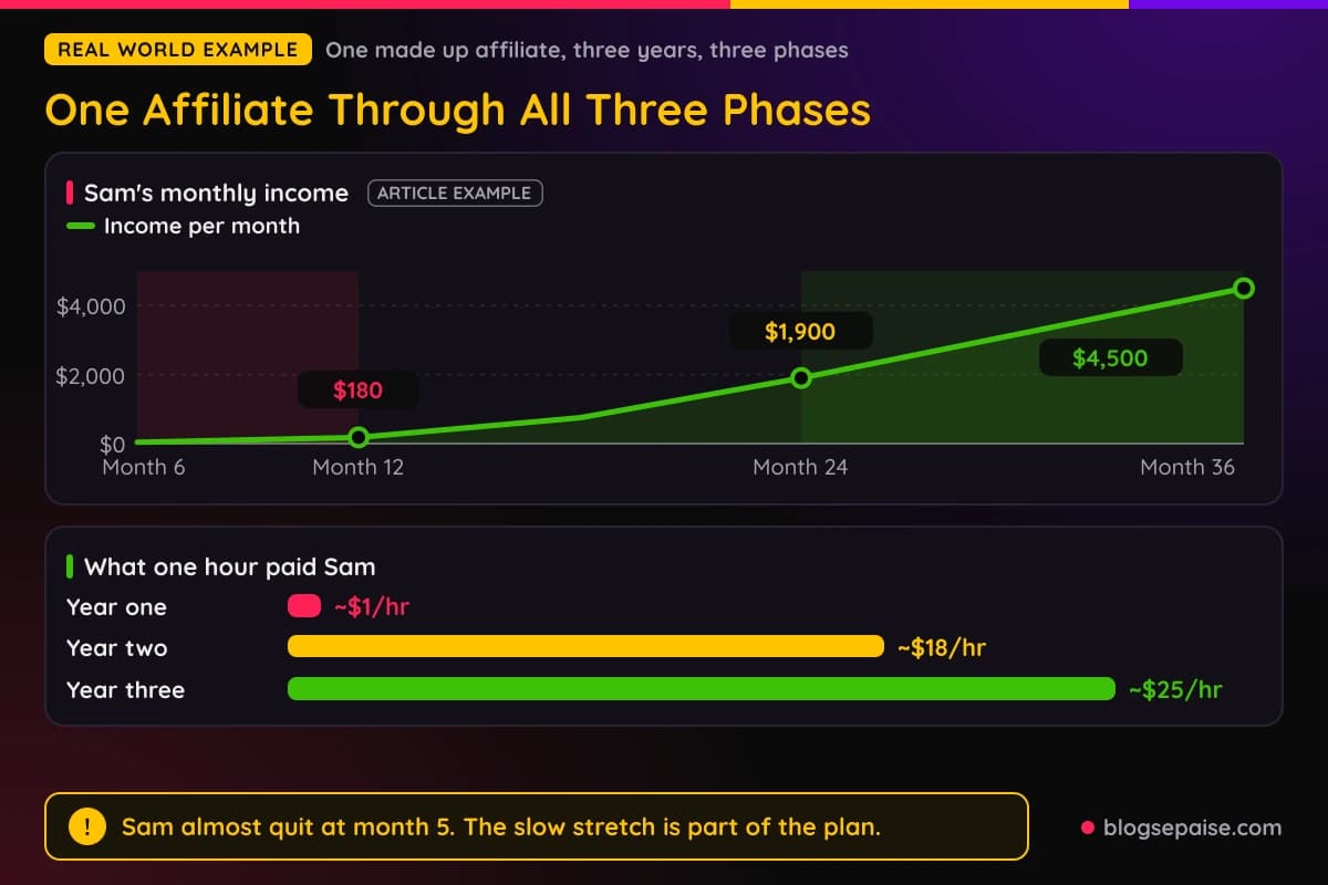 Line chart of the example affiliate's monthly income from month 6 to month 36 across all three phases
