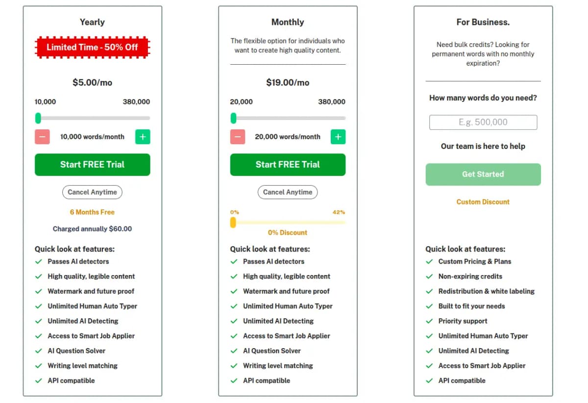 Undetectable AI pricing plans showing Yearly, Monthly, and Business options