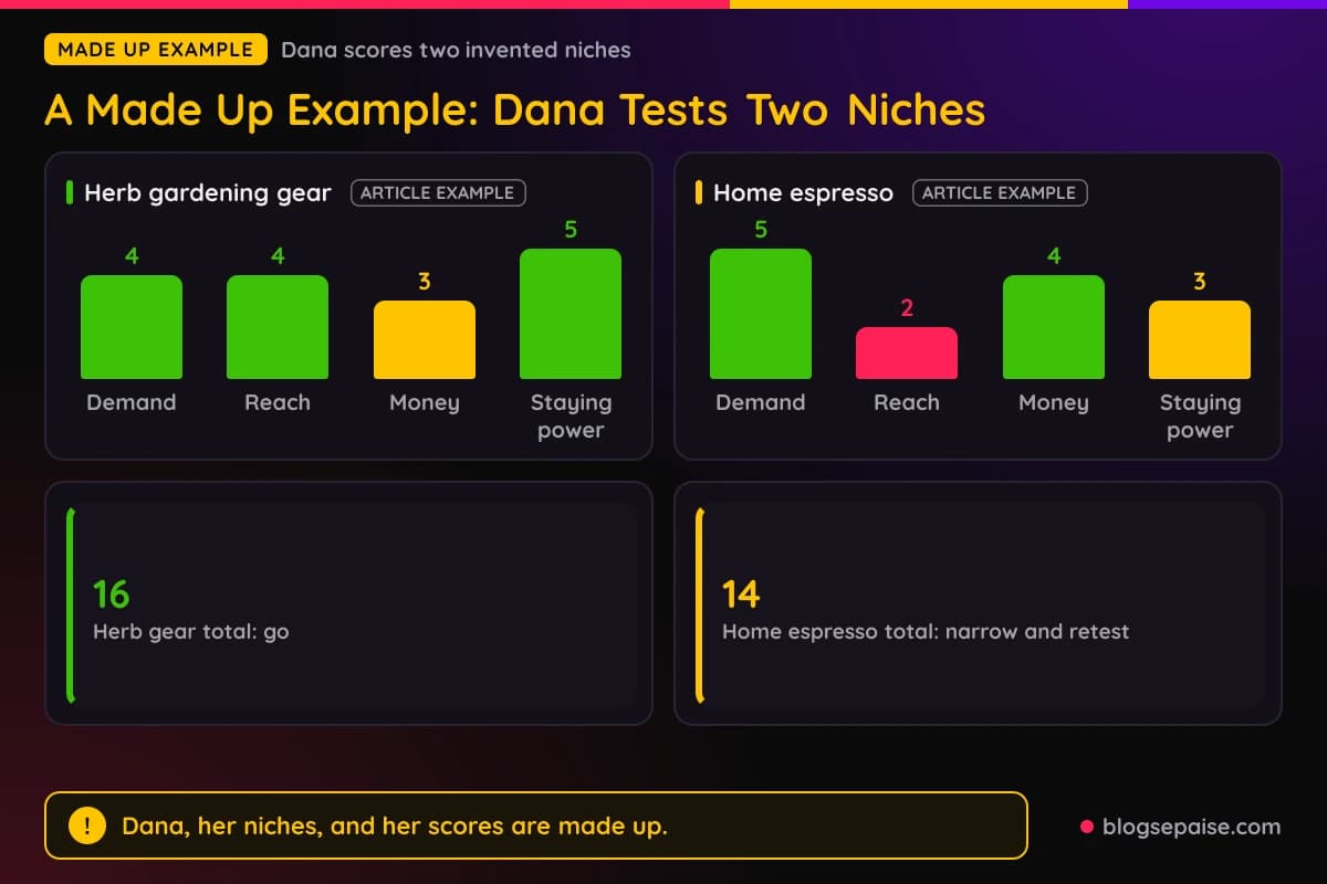 Made up example scorecard comparing two niches, herb gardening gear scoring 4, 4, 3, 5 for a total of 16 and home espresso scoring 5, 2, 4, 3 for a total of 14