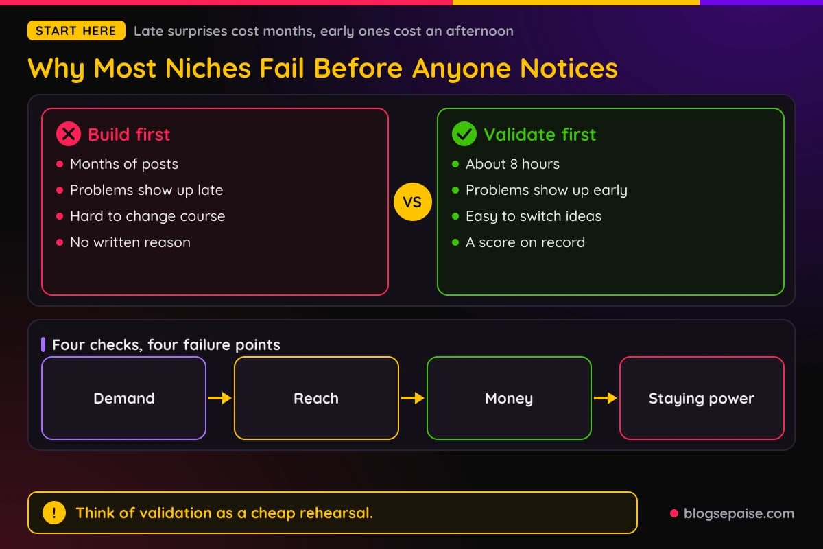 Comparison of building first and finding problems late versus validating first and finding them in an afternoon, with the four checks shown as a flow