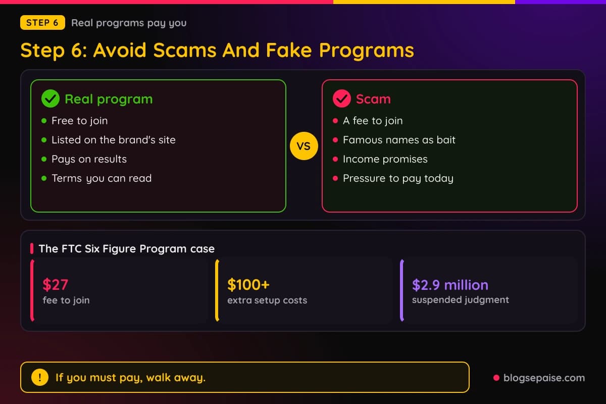 Compare panel of real affiliate programs versus scams, with the FTC Six Figure Program case in numbers