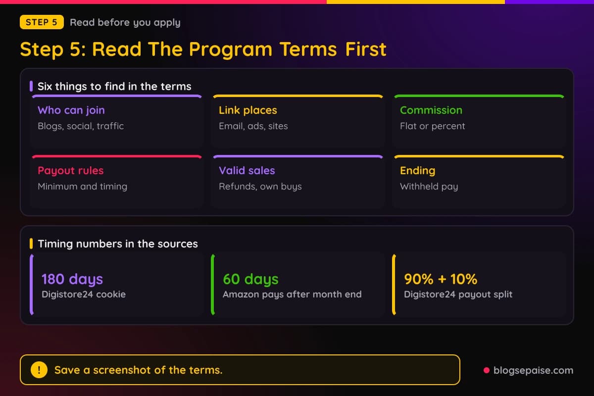 Checklist of the program terms to read before applying, from who can join to payout rules
