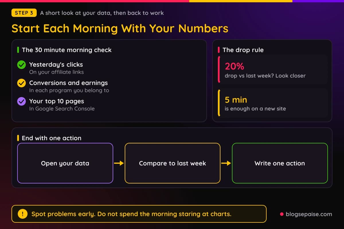 Checklist for an affiliate marketer's 30 minute morning stats check, with the 20 percent drop rule and a three step review flow