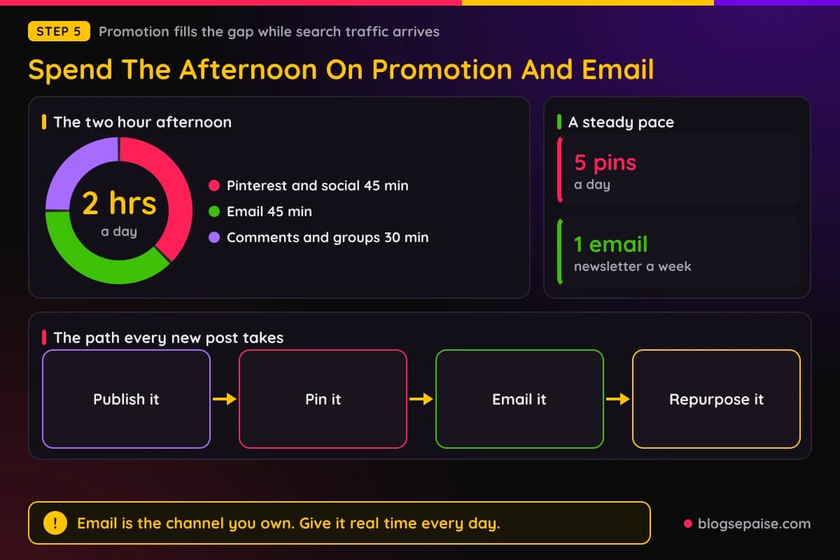 Donut chart of a two hour affiliate promotion block split between social media, email and community, plus the path each new post follows