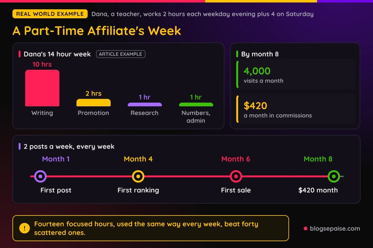 Bar chart of a part-time affiliate's 14 hour week by task with a timeline from first post in month 1 to a 420 dollar month in month 8