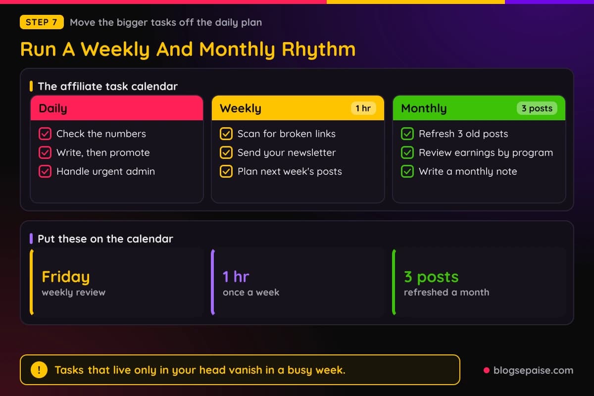 Daily, weekly and monthly affiliate marketer task calendar with the one hour weekly review and three monthly post refreshes