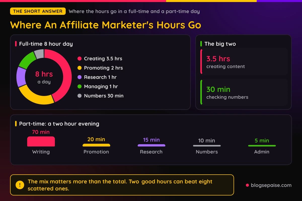 Donut chart of an eight hour affiliate marketer day split into creating, promoting, research, managing and numbers, with a bar chart of a two hour part-time evening