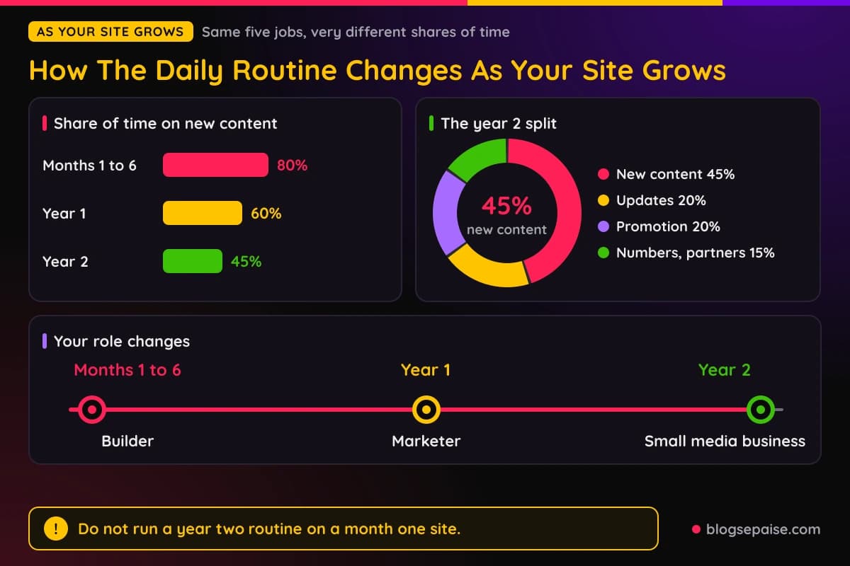 Bar chart showing new content falling from 80 percent of an affiliate's time in months 1 to 6 to 45 percent in year 2, with a donut of the year two split