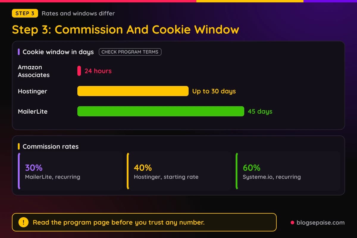 Cookie windows in days for Amazon Associates at 1 day, Hostinger at 30 days, and MailerLite at 45 days, with commission rates for MailerLite, Hostinger, and Systeme.io