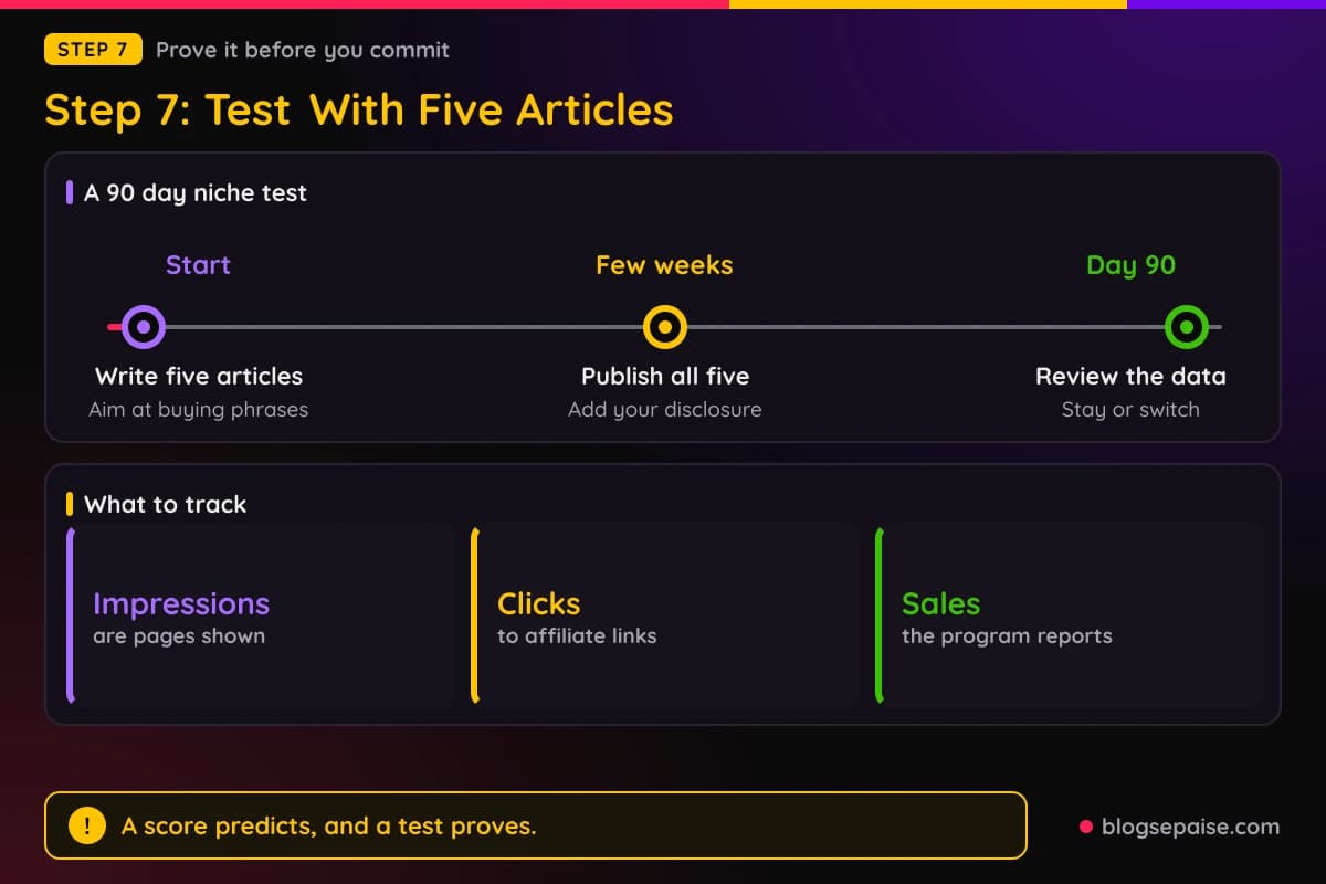 Timeline for testing a niche with five articles, from publishing in the first weeks to a day 90 review, with a stay or switch decision