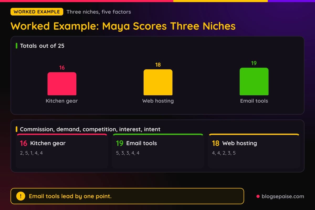 Maya's scores out of 25 for three niches: home kitchen gear 16, email tools 19, and web hosting 18, with the five factor scores for each