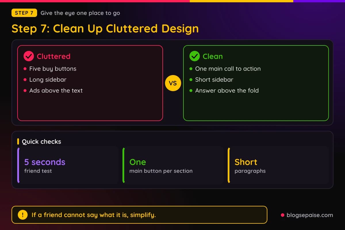 Compare card of a cluttered page versus a clean page, with stats on one main call to action and a 5-second test