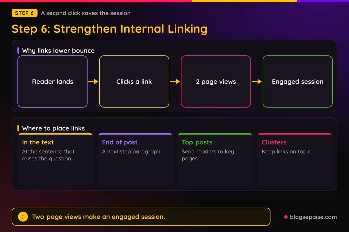 Flow showing how an internal link creates a second page view and an engaged session in GA4, with a checklist of link placements