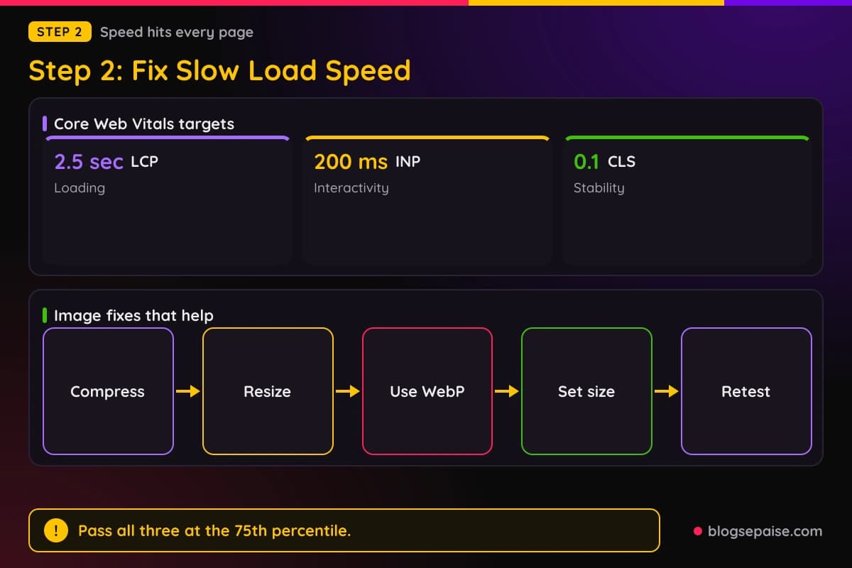 Cards showing the three Core Web Vitals targets, 2.5 seconds, 200 milliseconds, and 0.1, with a flow of image speed fixes