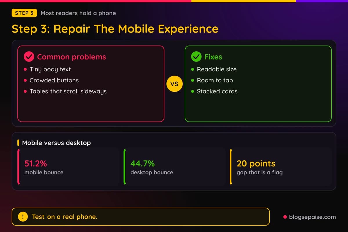 Compare card of mobile problems versus fixes, with desktop and mobile bounce rates of 44.7% and 51.2%