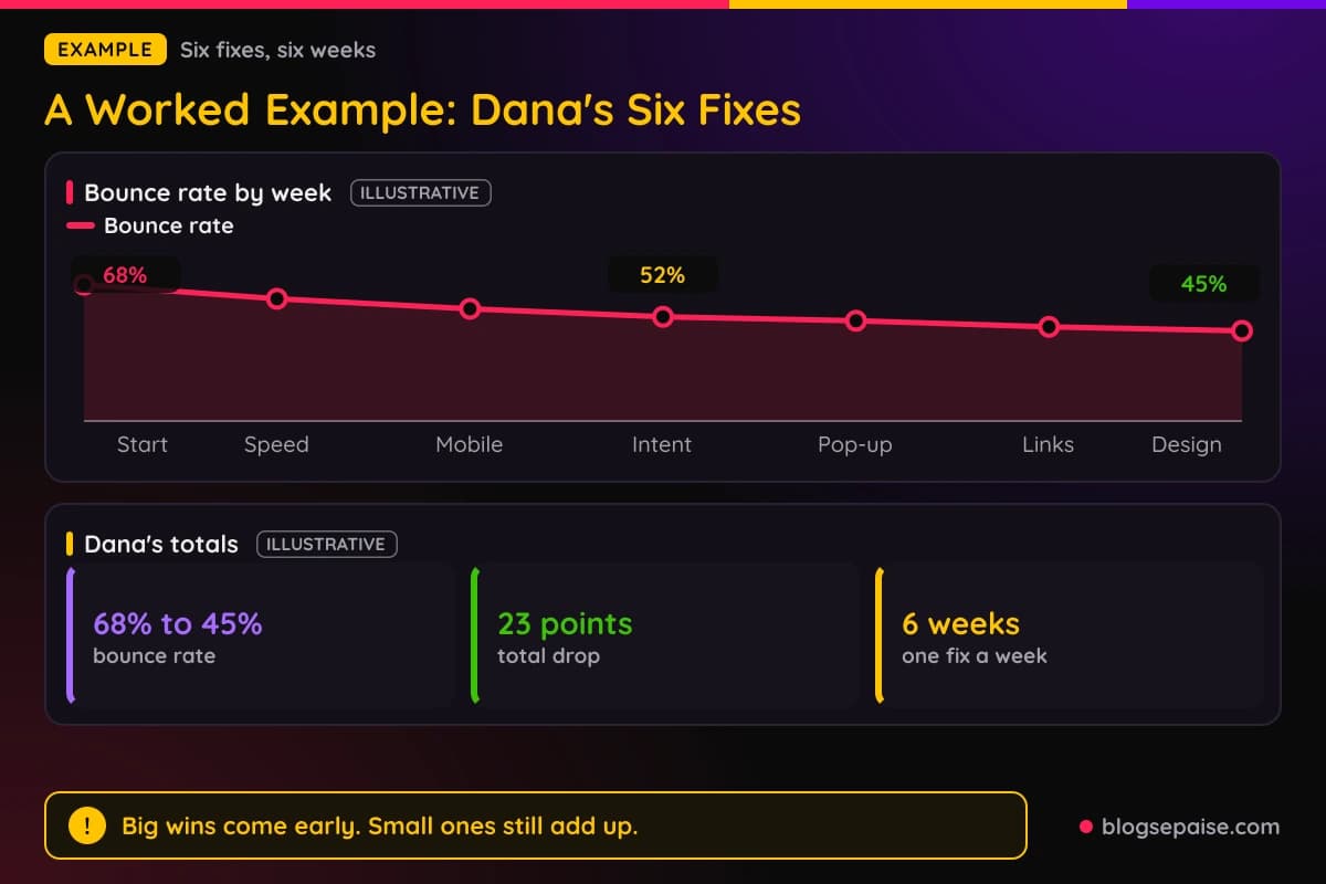 Line chart of an invented bounce rate falling from 68% to 45% over six weeks as six fixes are applied