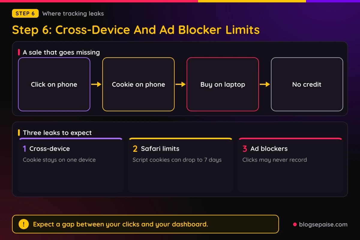 Flow diagram of a reader clicking on a phone and buying on a laptop with no credit, plus cards showing cross-device, Safari 7 day, and ad blocker limits