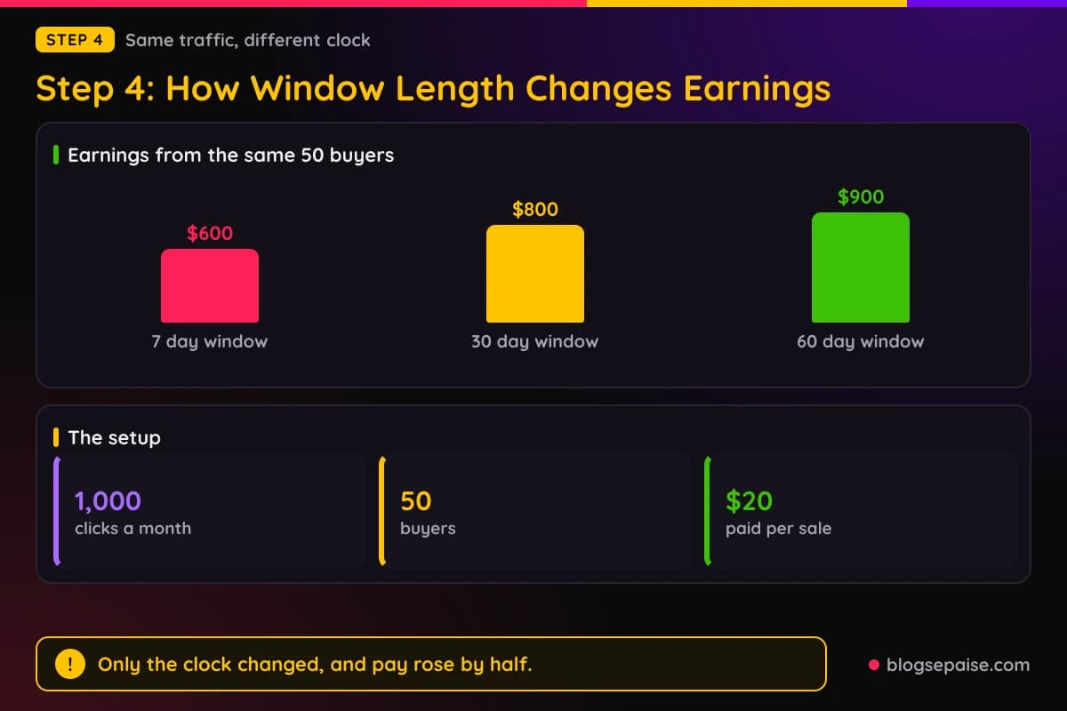 Bar chart comparing earnings from the same 1,000 clicks under a 7 day, 30 day, and 60 day window at a 20 percent rate, with the buyer and price assumptions beside it