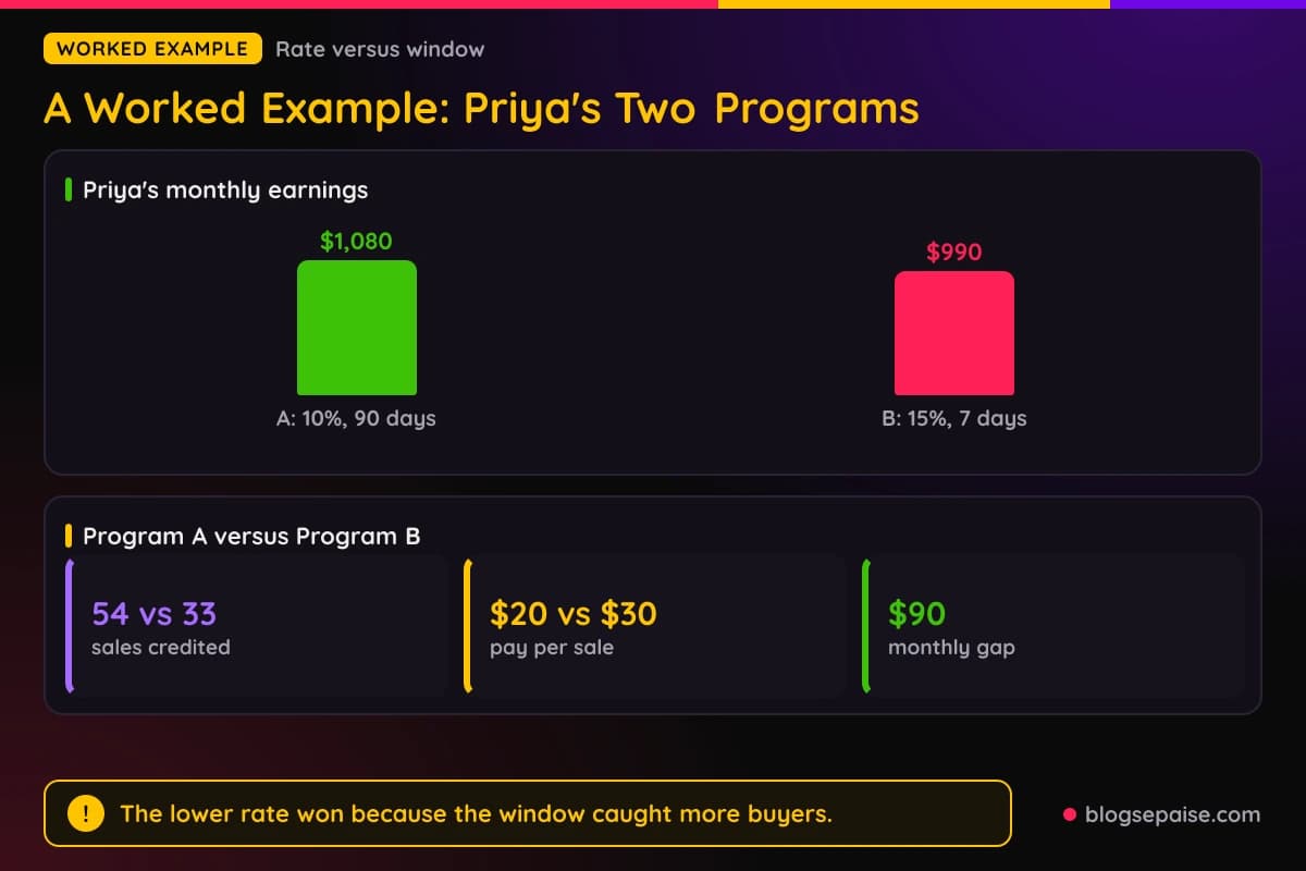 Bar chart showing Priya earning $1,080 from the 10 percent program with a 90 day window and $990 from the 15 percent program with a 7 day window, with sales and pay per sale beside it